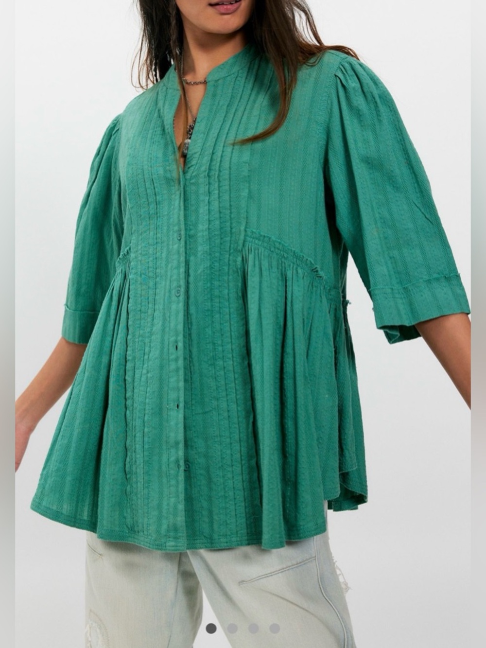 Free People Willow Button Down We The Free Pleated Shirred Slouchy Green